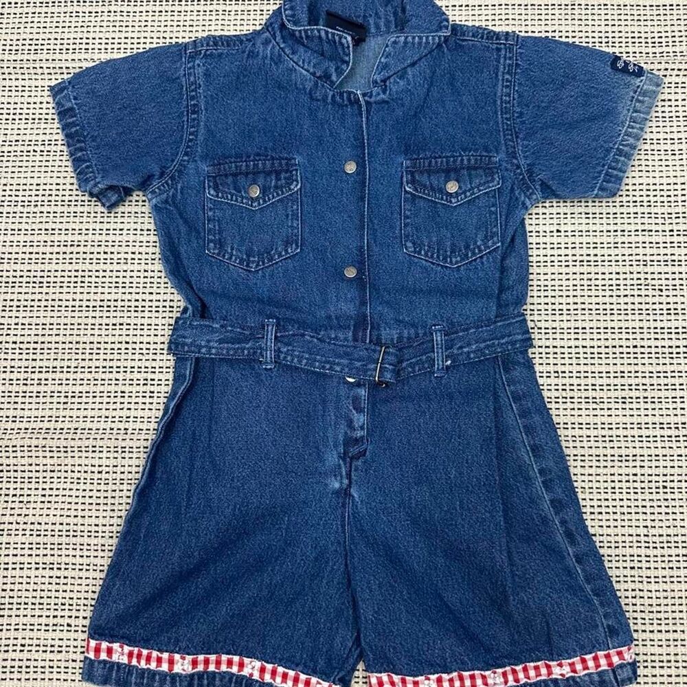 Girls Y2K Dark Wash Denim Americana Romper Jumpsuit